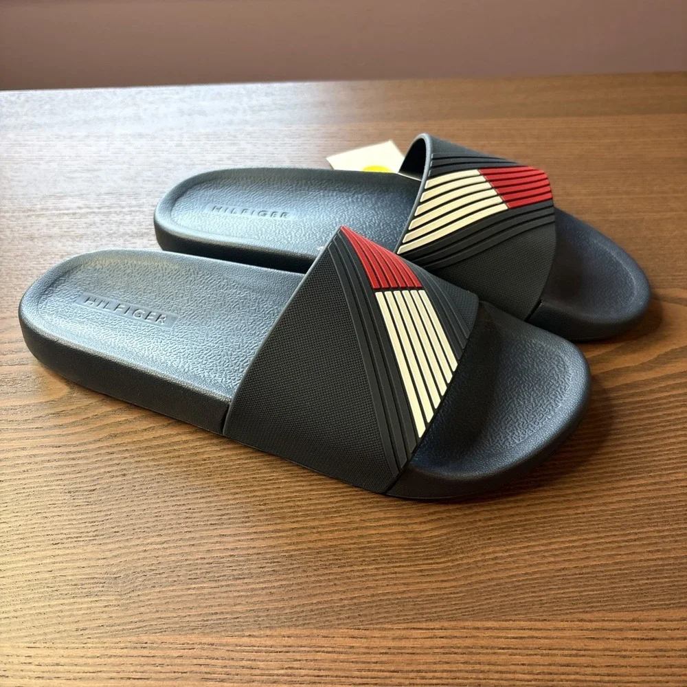 Tommy Hilfiger Slides Mens 9 Sandals Flag Logo Navy Blue White Red NEW